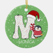 Kerstmis Alphabet M Santa Hat Penguin Sneeuwvlok Keramisch Ornament (Voorkant)