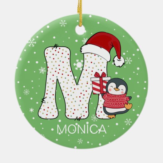 Kerstmis Alphabet M Santa Hat Penguin Sneeuwvlok Keramisch Ornament (Achterkant)