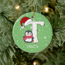 Kerstmis Alphabet T Santa Hat Penguin Sneeuwvlok Keramisch Ornament