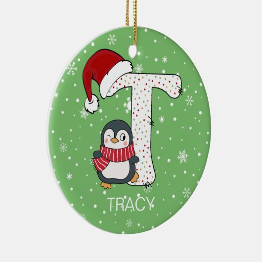 Kerstmis Alphabet T Santa Hat Penguin Sneeuwvlok Keramisch Ornament (Rechts)