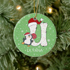 Kerstmis Alphabet U Santa Hat Penguin Sneeuwvlok Keramisch Ornament