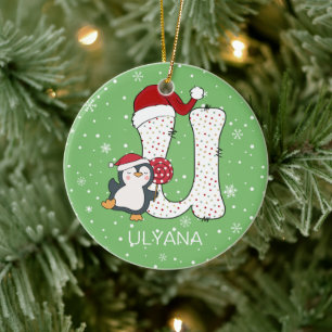 Kerstmis Alphabet U Santa Hat Penguin Sneeuwvlok Keramisch Ornament