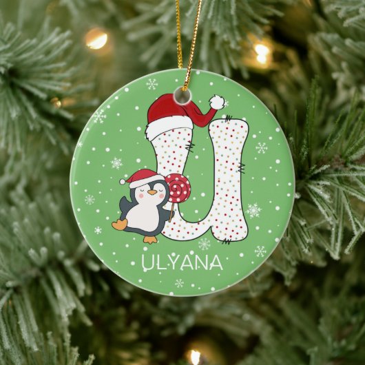 Kerstmis Alphabet U Santa Hat Penguin Sneeuwvlok Keramisch Ornament (Boom)
