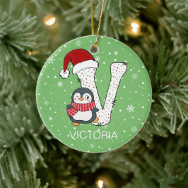 Kerstmis Alphabet V Santa Hat Penguin Sneeuwvlok Keramisch Ornament