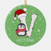 Kerstmis Alphabet V Santa Hat Penguin Sneeuwvlok Keramisch Ornament (Voorkant)