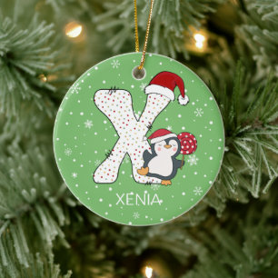 Kerstmis Alphabet X Santa Hat Pinguïn Sneeuwvlok Keramisch Ornament