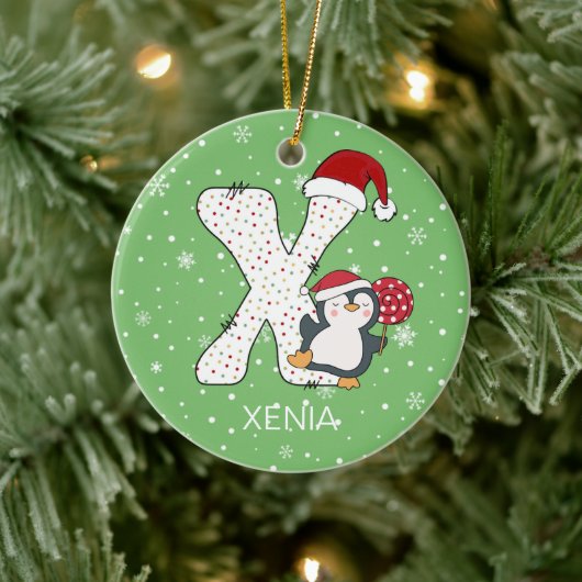 Kerstmis Alphabet X Santa Hat Pinguïn Sneeuwvlok Keramisch Ornament (Boom)