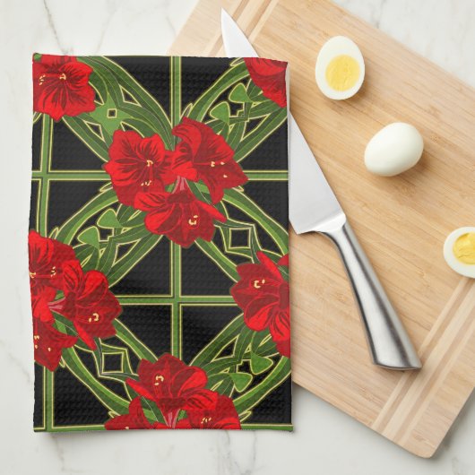 Kerstmis Amaryllis op Black Kitchen Towel Theedoek (Quarter Fold)