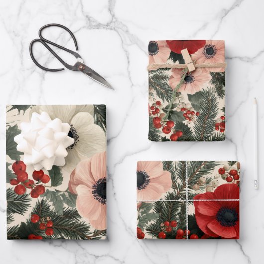 Kerstmis Anemone Bloemstuk Achtergrond Inpakpapier Vel (Voorkant)