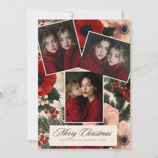 Kerstmis Anemoon Bloemige feestdagen 3 foto Feestdagenkaart (Voorkant)