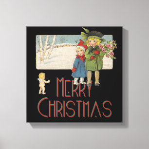 Kerstmis Antiek Kinderen Illustratie 1920 Canvas Afdruk