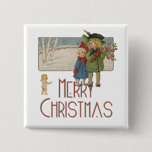 Kerstmis Antiek Kinderen Illustratie 1920 Vierkante Button 5,1 Cm