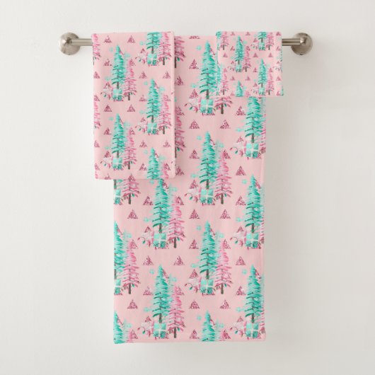 Kerstmis Aqua Blauw Roze Boom Patroon Bad Handdoek (Insitu)