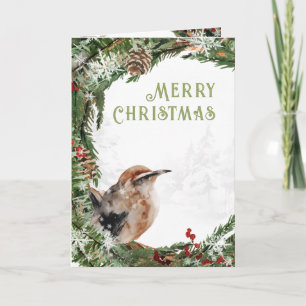 Kerstmis Aquarel Boomklever Nestelende Vogel Feestdagen Kaart