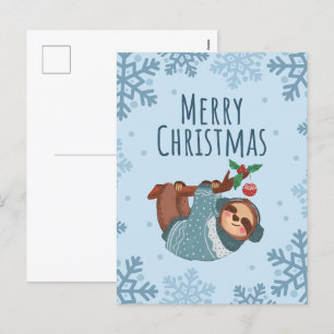 Kerstmis aquarel luiaard en sneeuwvlokken feestdagenkaart