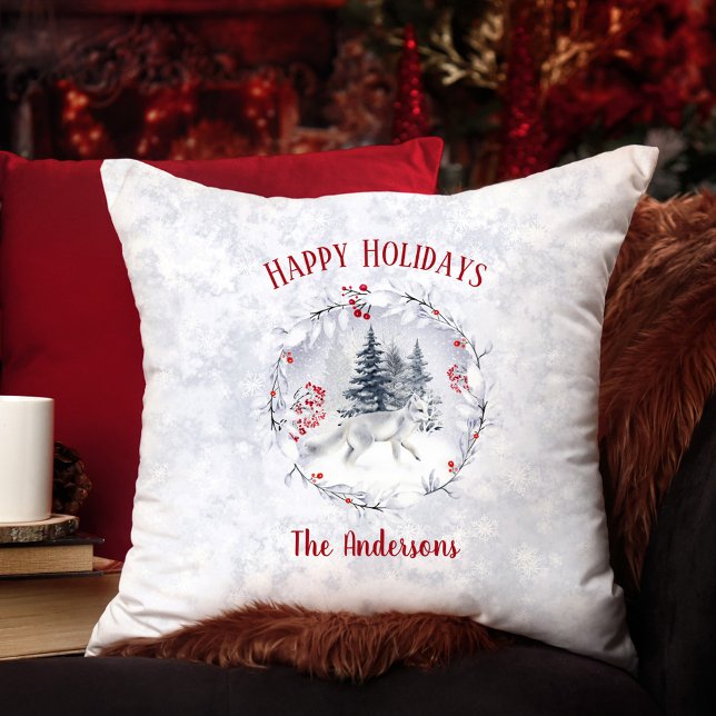 Kerstmis Arctic Sneeuwvos Winter Landschap Naam Kussen (Christmas Arctic Snow Fox Winter Scenery Name Throw Pillow)