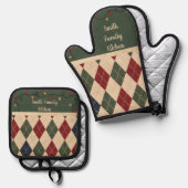 Kerstmis Argyle Schort Ovenwant & Pannenlap Set (Voorkant / Achterkant)