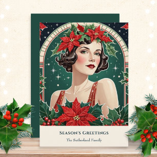 Kerstmis Art Deco Geïnspireerd Portret Dame Retro Feestdagenkaart