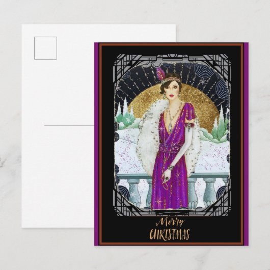 Kerstmis  Art Deco Retro Lady Briefkaart (Voorkant / Achterkant)