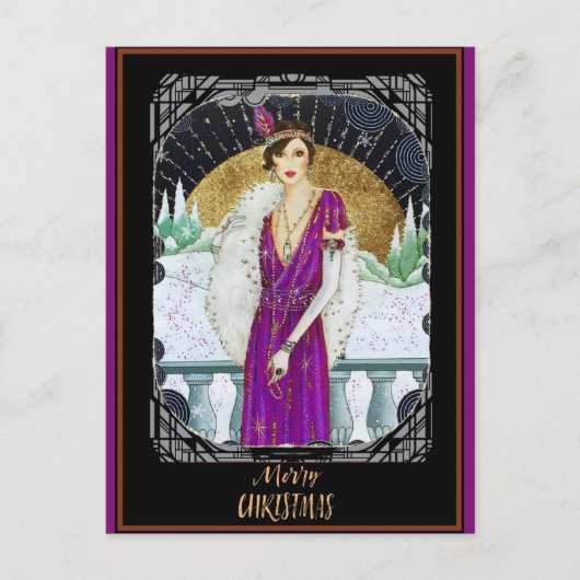 Kerstmis  Art Deco Retro Lady Briefkaart (Voorkant)