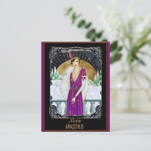 Kerstmis  Art Deco Retro Lady Briefkaart (Staand voorkant)