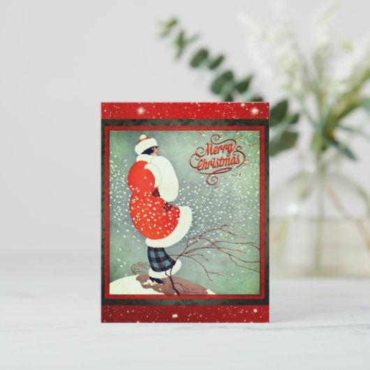 Kerstmis  Art Deco Retro Lady Briefkaart (Staand voorkant)