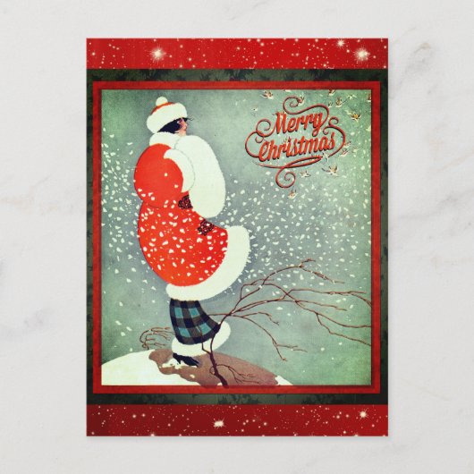Kerstmis Art Deco Retro Lady Briefkaart (Voorkant)