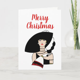 Kerstmis Art Deco Vrouw met Hoed Handschoenen Kleu Feestdagen Kaart