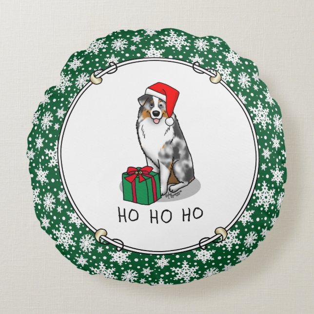 Kerstmis: Australische herder (blauwe kool tan/w 1 Rond Kussen (Voorkant)
