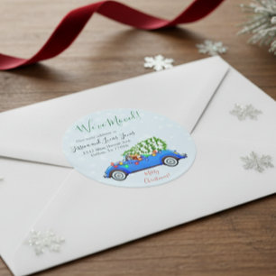 Kerstmis auto bewegende aankondiging verplaatsen ronde sticker