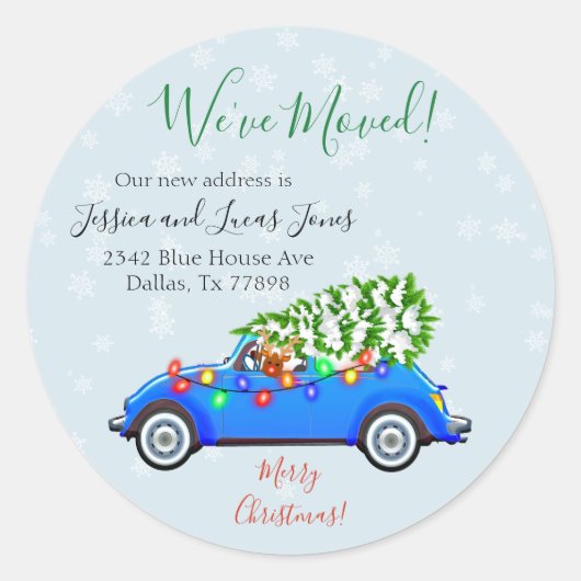 Kerstmis auto bewegende aankondiging verplaatsen ronde sticker (Voorkant)