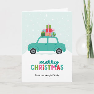 Kerstmis Auto met Geschenken in Aqua Blauw Feestdagen Kaart