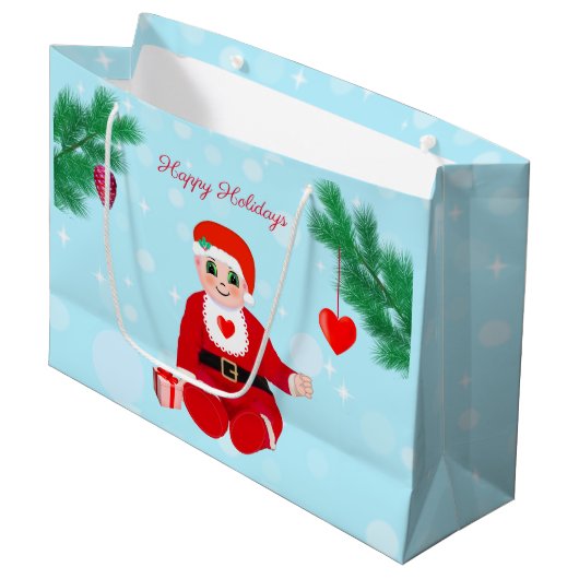 Kerstmis, baby, harten en pijnbomen groot cadeauzakje (Voorkant Gekanteld)