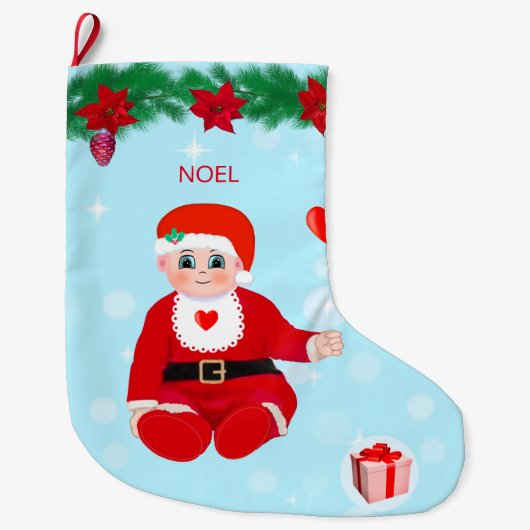 Kerstmis, baby, harten, poinsettias en dennenaalde grote kerstsok (Voorkant)