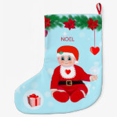 Kerstmis, baby, harten, poinsettias en dennenaalde grote kerstsok (Achterkant)