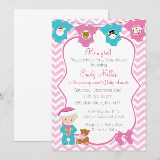 Kerstmis Baby Meisje Douche uitnodiging (Voorkant / Achterkant)