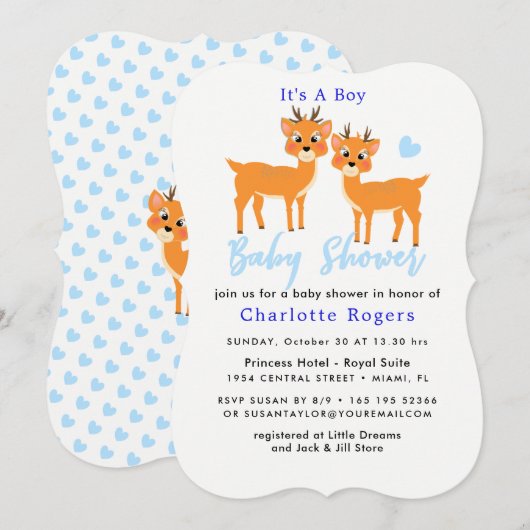 Kerstmis Baby shower Deer Boy Cute Blue Winter Kaart (Voorkant / Achterkant)