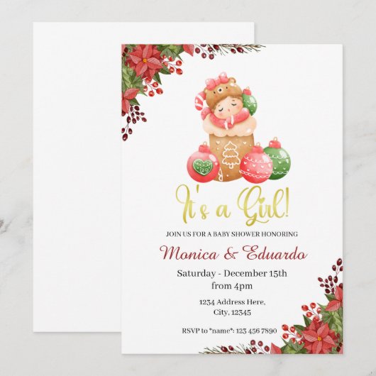 Kerstmis Baby shower Het is een meisjesuitnodiging Kaart (Voorkant / Achterkant)