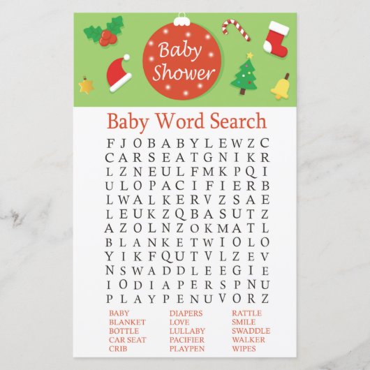 Kerstmis Baby shower Word Search Game (Voorkant)