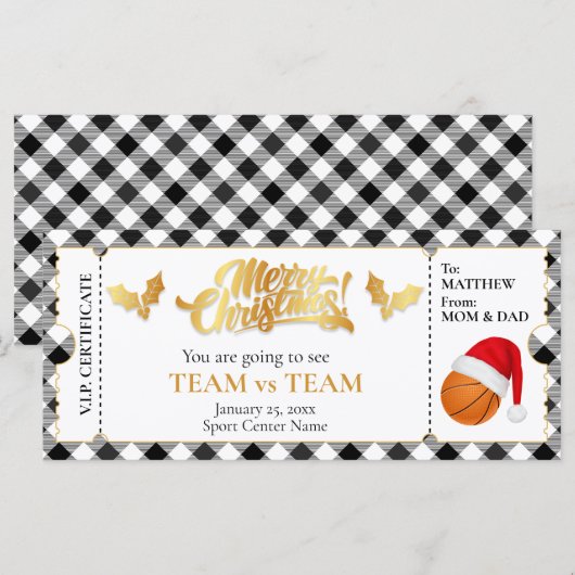 Kerstmis Basketbal Ticket, Verrassingscadeaubon (Voorkant / Achterkant)