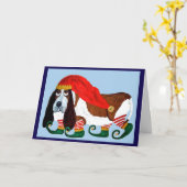 Kerstmis Basset Hound Elf Kaart (Gele Bloem)