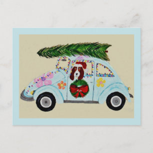 Kerstmis Basset Hound in Hippie-auto Briefkaart