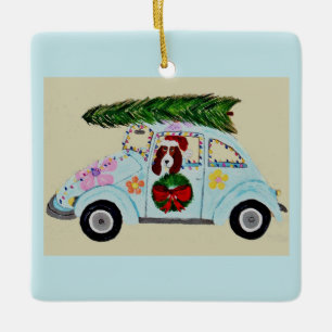 Kerstmis Basset Hound in Hippie-auto Keramisch Ornament