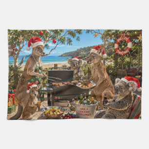 Kerstmis BBQ aan zee met kangoeroes en koala's Theedoek