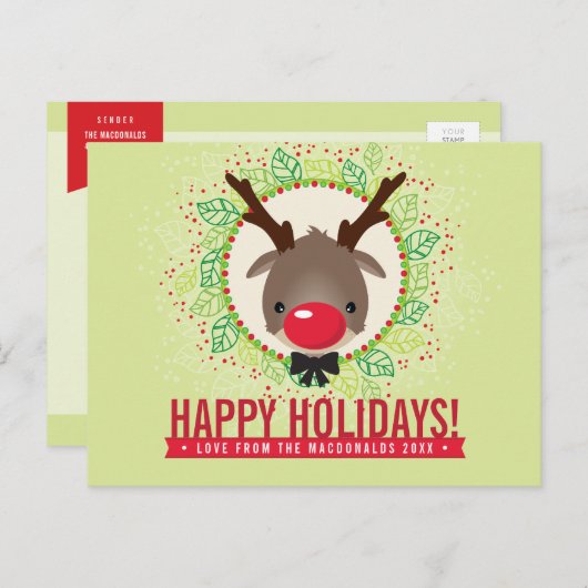 KERSTMIS BEDANKT krans rode neus rendieren rudolph Feestdagenkaart (Voorkant / Achterkant)