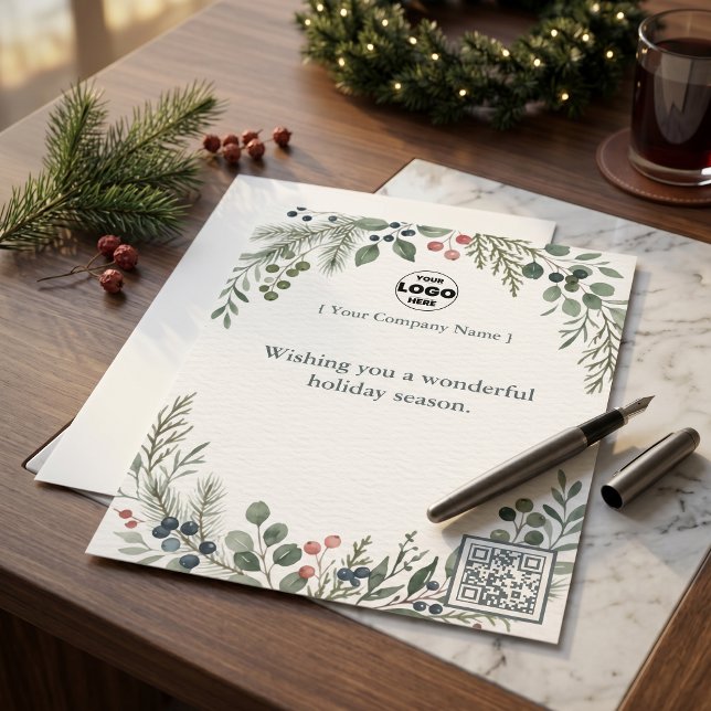 Kerstmis Bedrijfslogo QR-code Winterse Feestdagen Briefhoofd (Botanical Christmas Corporate Logo QR Code Holiday Letterhead)