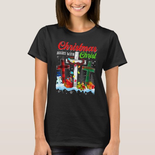 Kerstmis begint met Christelijke Christus-kruis T-shirt (Voorkant)
