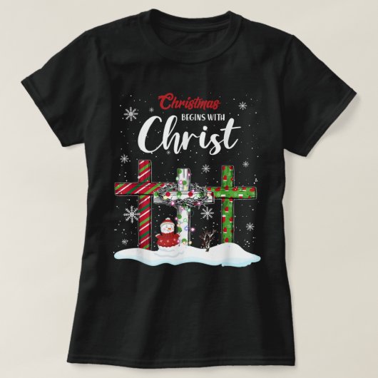 Kerstmis begint met Christelijke Christus Snowman T-shirt (Design voorkant)