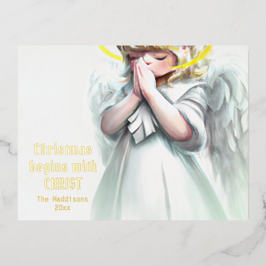 Kerstmis begint met Christus die Angel bidt Folie Feestdagen Briefkaart (Voorkant)
