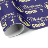 Kerstmis begint met Christus op blauw Cadeaupapier (Rol Hoek)
